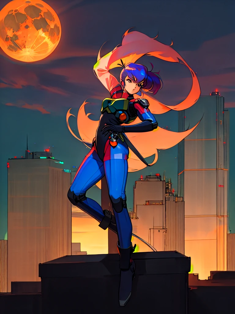 Kenichi Sonoda, retro art-style, bubblegum crisis, Sci-fi, Cyberpunk, Neon, Dystopia, On a full moon night, on the rooftop of a high-rise building, a figure is seen wearing a metal hard suit that covers the whole body from head to toe. It is made up of curved surfaces that give it a feminine bodyline., 1girl, solo, 18yo, Cool beauty, fearless look, masterpiece, very aesthetic, incredibly absurd resolution, absolutely resolution, ultra high resolution, professional, vivid colors, perfect anatomy, ideal facial features, ideally proportioned figure, perfectly beautiful body, super detailed, anime key-visual, all intricate, overall detail, Dynamic poses, fighting stance, {{kung fu}}, leg up, Dutch angles, anime colored, extreme perspective