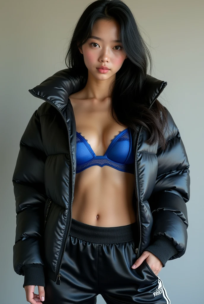 Beautiful asian 16 year old girl, black shiny north face puffer jacket, satin adidas tracksuit pants, sexy pose, large breasts, blue silk bra