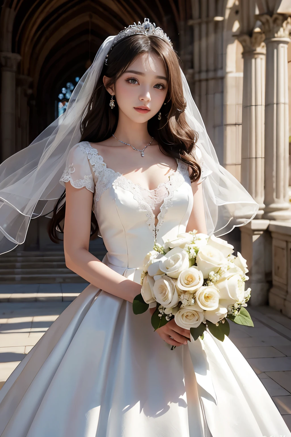 best quality, masterpiece, 1 girl), cute teen, shiny lips, sweet, sun glare, Conservative attire, wedding dress, white gloves, bouquet, bridal tiara, depth of field, blurred background, Cathedral Background, light particles, strong wind, head tilt, long hair, ahegao face