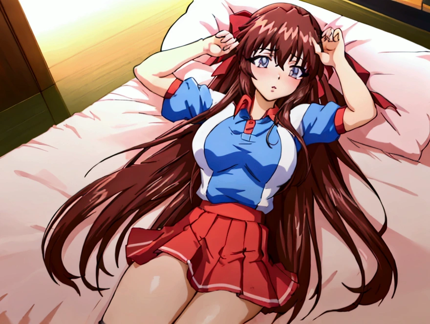 (Anime artwork, Anime Style, Studio Anime, Very detailed, up to date, Vibrant, Anime Coloring Book, High Contrast, masterpiece:1.2, Highest quality, Best aesthetics), (Beautiful and detailed eyes:1.2), Aoi Tennis, 1 girl, Hair Ribbon, Tennis uniform, Polo shirt, Raglan sleeves, Pleated skirt, Red Skirt, blush, Lips parted, liar, On the bed, Lie down with your arms up, Pink Good, From above, Skirt Lift, No pants,White knee socks,Asymmetrical bangs, Perfect Proportions, Skin with attention to detail, cute, Detailed face,