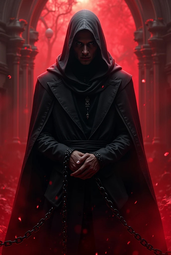 A horror character in the bloody shadow world with he held the black chains and held death portraits who is 25 age-man.