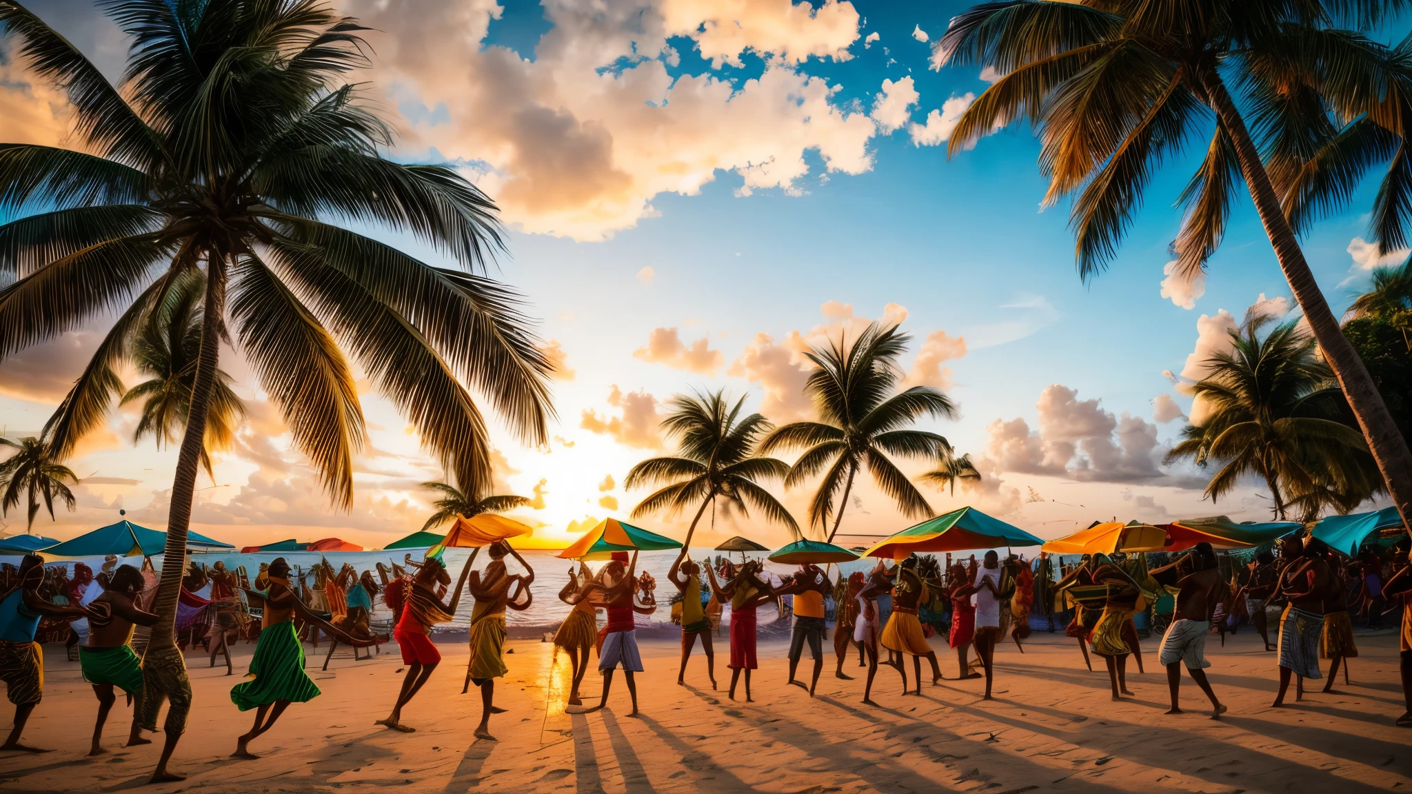 「Imagine a Caribbean sunset under palm trees., With a reggae band playing. People dancing to music々Shooting, Brightly dressed Rastafarian style. Depict the ocean breeze blowing through, Create a fun atmosphere.
