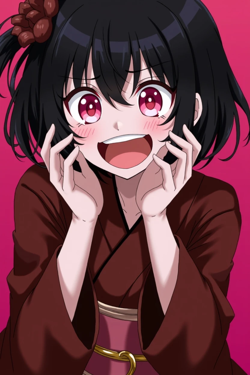 Original Characters , A girl, (Crazy smile:1.2) , Black Hair , Bangs , Crazy Eyes , Put your hands on your face , Red and black color scheme, open mouth, (Eyes wide open:1.2), Glowing eyes, Pink Eyes, Pink Eyes、kimono、short、witch