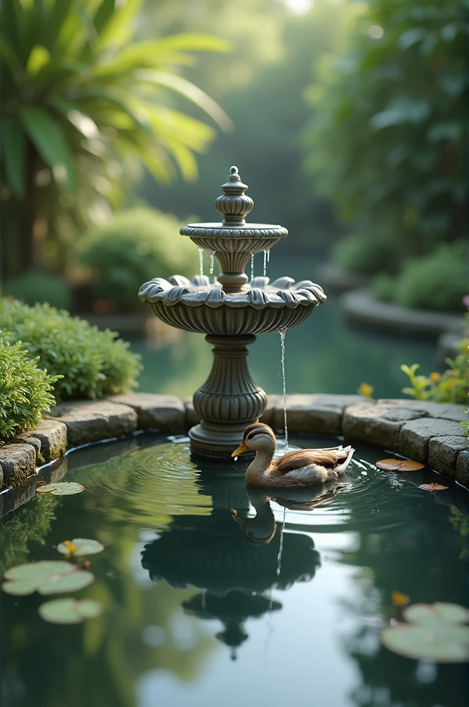 A photo of a small water fountain with a small pond with a duck