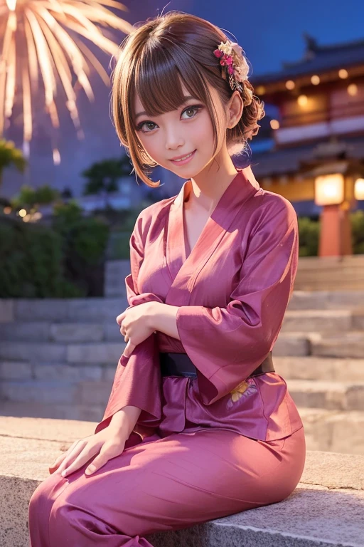 (Fireworks display)、(Cute yukata、Beautiful yukata、Sexy Yukata、Yukata Cosplay)、A girl sitting on stone steps、21 years old、smile、Long raw legs、(Emphasizes the looseness of the chest)、Short Bob Hair、Medium breast、masterpiece:1.3、Raw photo quality、Highest quality、Detailed Images、Detailed Background、
