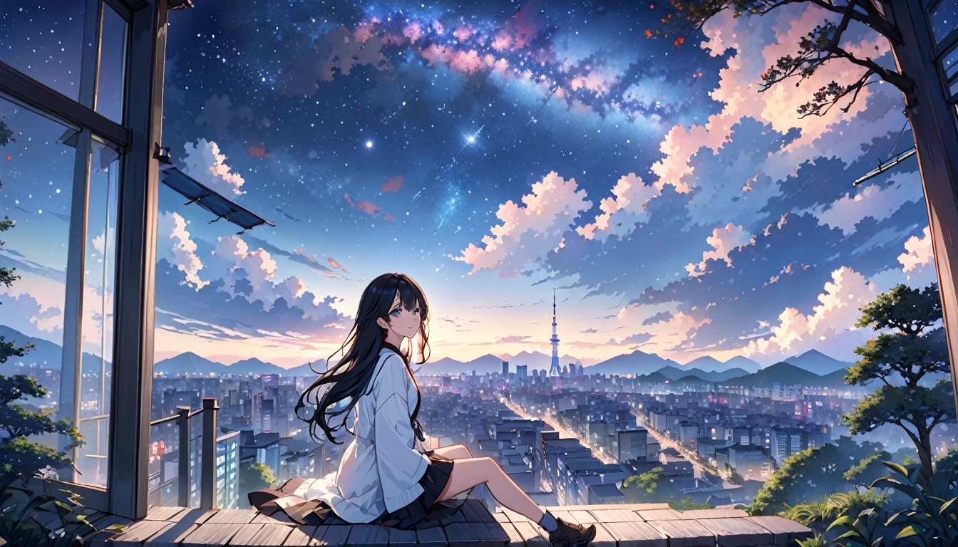 octans, sky, star (sky), scenery, starry sky, night, 1girl, night sky, solo, outdoors, building, cloud, milky way, sitting, tree, long hair, city, silhouette, cityscape,City from a distance, tokyo, city billboard, 1 milky way in the sky,