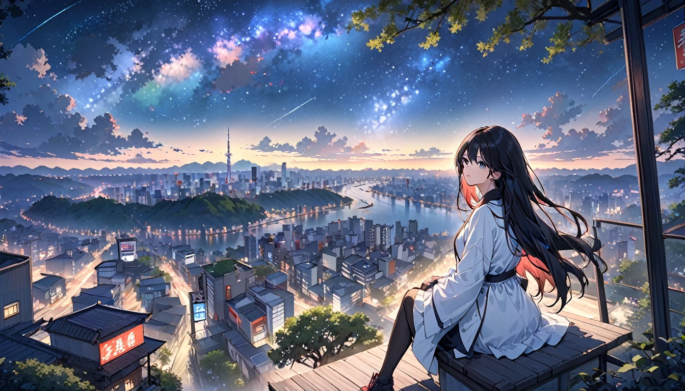 octans, sky, star (sky), scenery, starry sky, night, 1girl, night sky, solo, outdoors, building, cloud, milky way, sitting, tree, long hair, city, silhouette, cityscape,City from a distance, tokyo, city billboard, 1 milky way in the sky,