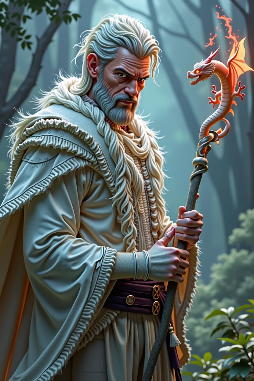 RPG, storm 20 , make a realistic wizard, handsome and young 25 years old, beardless and with short hair he has white scales with a reddish shine that are almost invisible. He is holding a white staff shaped like a tiny dragon.. 