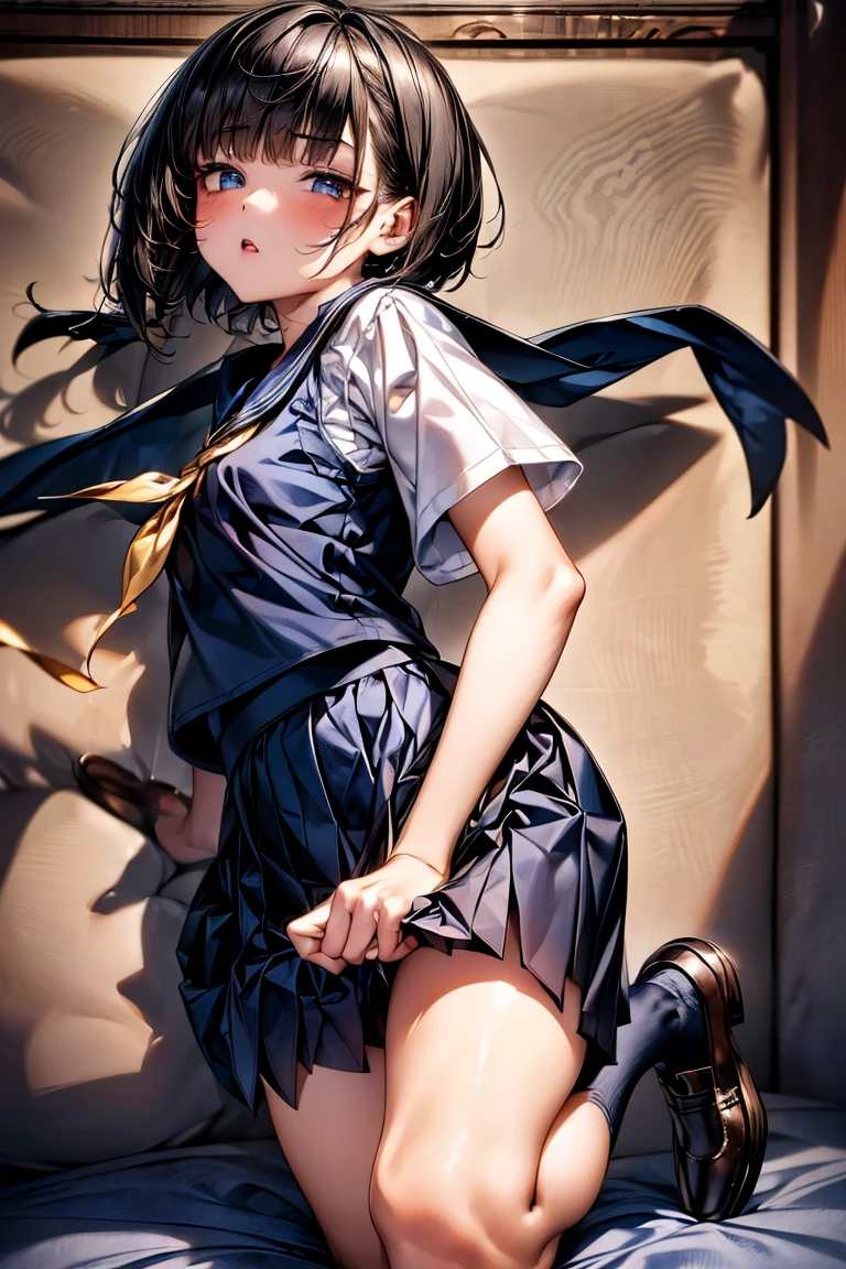 Browsing Caution,(Highest quality, 8k, masterpiece:1.3,beautiful girl), (Very detailed)Glowing Skin,((Short sleeve, cute navy sailor suit, Navy Pleated Skirt, Navy sailor collar, Blue Sailor Scarf, socks, Brown Loafers)), ,(Perfect Anatomy, Anatomically correct, Very detailed肌),((Golden Eyes)),((Perfect Fingers,Five Fingers)),((Black Hair,Bobcut,)),Natural Makeup