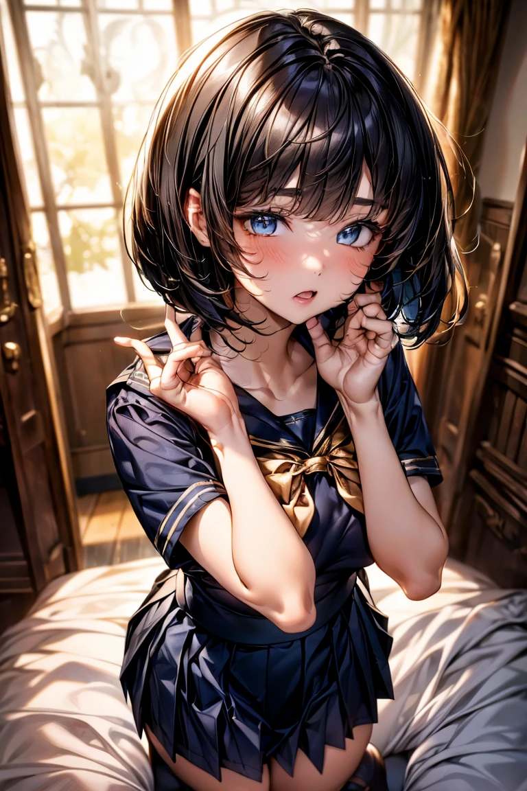 Browsing Caution,(Highest quality, 8k, masterpiece:1.3,beautiful girl), (Very detailed)Glowing Skin,((Short sleeve, cute navy sailor suit, Navy Pleated Skirt, Navy sailor collar, Blue Sailor Scarf, socks, Brown Loafers)), ,(Perfect Anatomy, Anatomically correct, Very detailed肌),((Golden Eyes)),((Perfect Fingers,Five Fingers)),((Black Hair,Bobcut,)),Natural Makeup