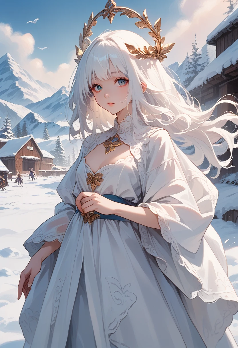 Anime girl with long white hair and blue dress in the snow, white-haired deity, white hair floating in the air, Anime fantasy illustration, Loose white hair, beautiful young spirit of the wind, beautiful fantasy anime, glowing flowing hair, Ethereal anime, beautiful anime works, beautiful digital images, anime fantasy artwork, ((fair empress fantasy)), 2. 5 d cgi anime fantasy artwork