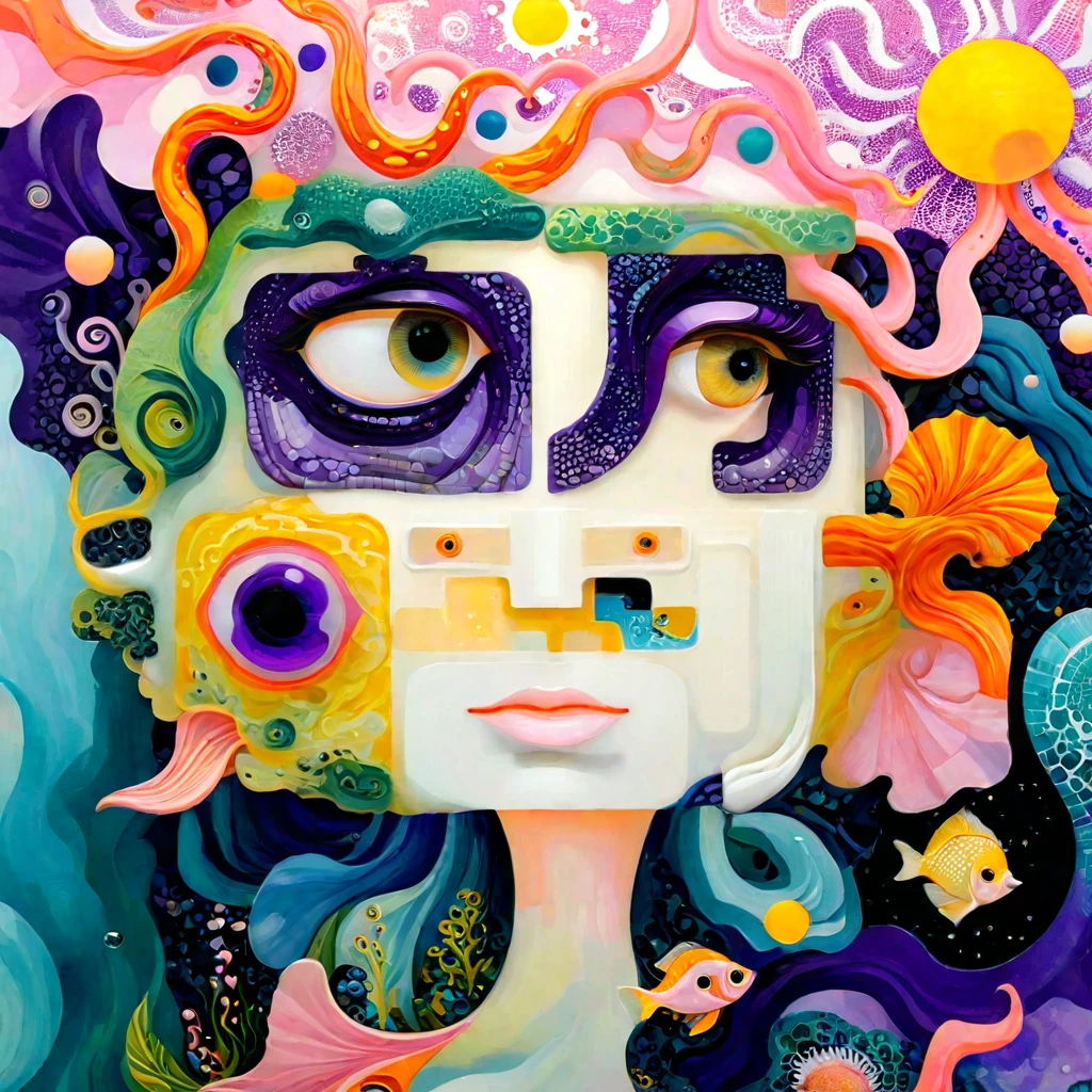 &References;Dick Ellescas Artist Style&References;,章fish热气球,Tentacles瀑布,Starry Sky、粉色美人fish、fish、Tentacles、bird、Eye、Squeeze foam、People with autism、diatom,Spiral Staircase,Abstract mosaic painting,描述People with autism的内心世界,Sense of space,White space,interesting,Innocence,Psychedelic Art,Pink Theme,Bold contrasts,Purple and Orange