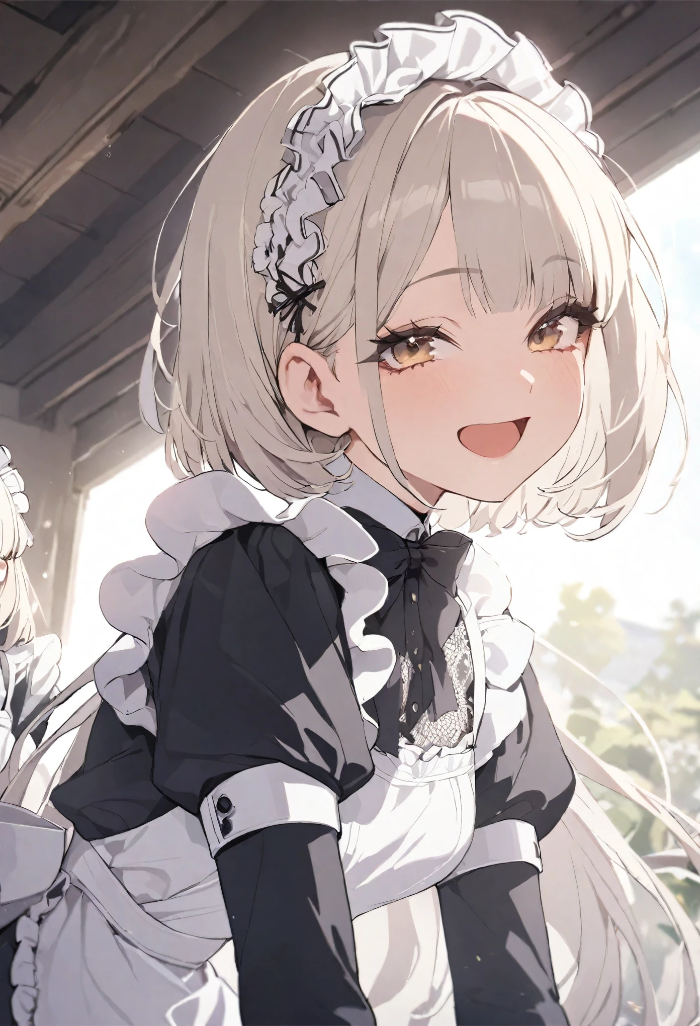 girl, (Puffy eyes:1.05), (White lace shirt), Platinum Blonde Hair, (Angled Bob:1.4), Straight bangs, (Long flowing hair), smile, Happy, happiness, Skin with attention to detail, Skin pores, A surprisingly innocent and symmetrical face, Long eyelashes, Black eyeliner, Light gold eyeshadow, cross_foot, emotion, masterpiece, Highest quality, reality,((Maid clothes/)),(External intervention),