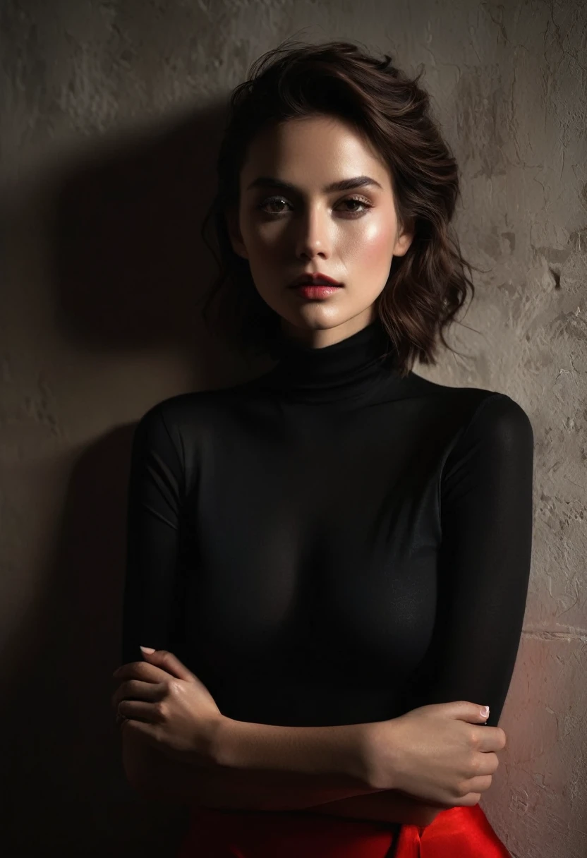 woman bathed in soft light, leaning against a wall, looking into the camera in a moment of raw emotion. Her attire is minimal, accentuating her beauty with the dramatic shadows cast by the lighting. The background is stark, with sharp contrasts highlighting the contours of her form. The red and black palette intensifies the mood, evoking a sense of mystery and allure. Subtle film grain and meticulous shading add depth and texture, emphasizing the emotional gravity of the scene. The lighting creates a chiaroscuro effect, accentuating her expressive pose and the intense atmosphere.