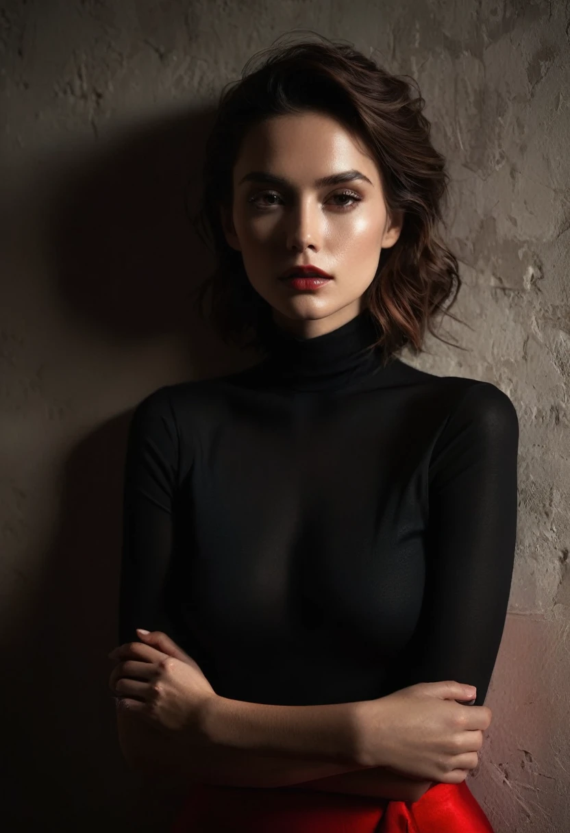 woman bathed in soft light, leaning against a wall, looking into the camera in a moment of raw emotion. Her attire is minimal, accentuating her beauty with the dramatic shadows cast by the lighting. The background is stark, with sharp contrasts highlighting the contours of her form. The red and black palette intensifies the mood, evoking a sense of mystery and allure. Subtle film grain and meticulous shading add depth and texture, emphasizing the emotional gravity of the scene. The lighting creates a chiaroscuro effect, accentuating her expressive pose and the intense atmosphere.