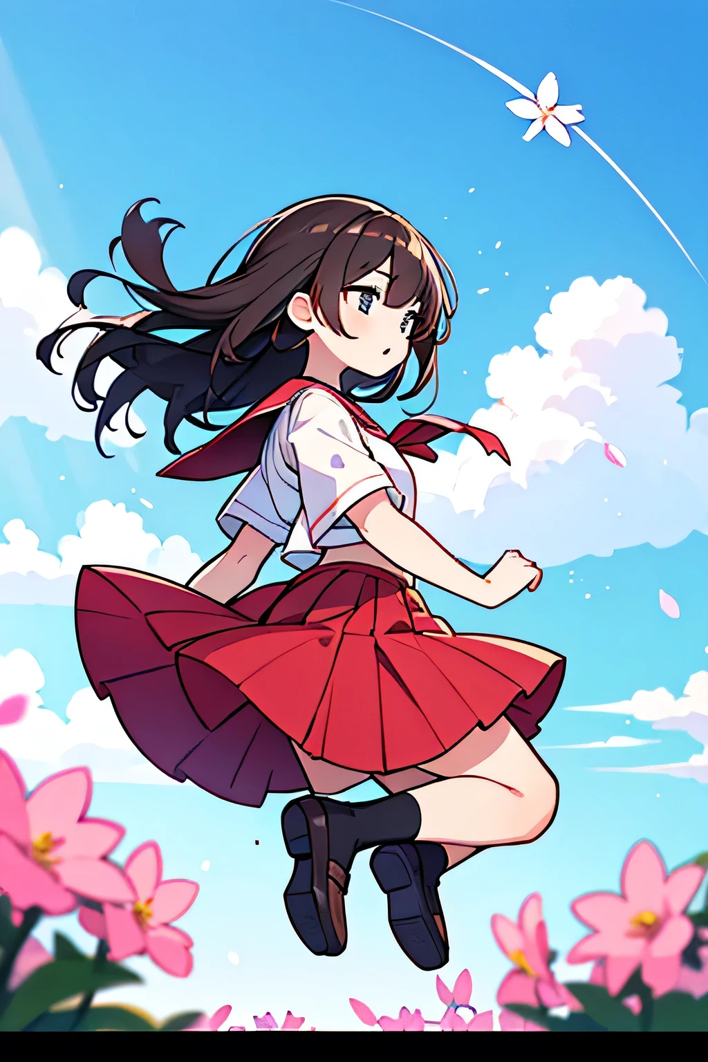 (masterpiece, best quality),1girl, solo, flower, long hair, outdoors, letterboxed, , day, sky, looking up, short sleeves, parted lips, shirt, cloud, black hair, sunlight, white shirt, serafuku, full body, from side, pink flower, blurry, brown hair, blue sky, depth of field, jump