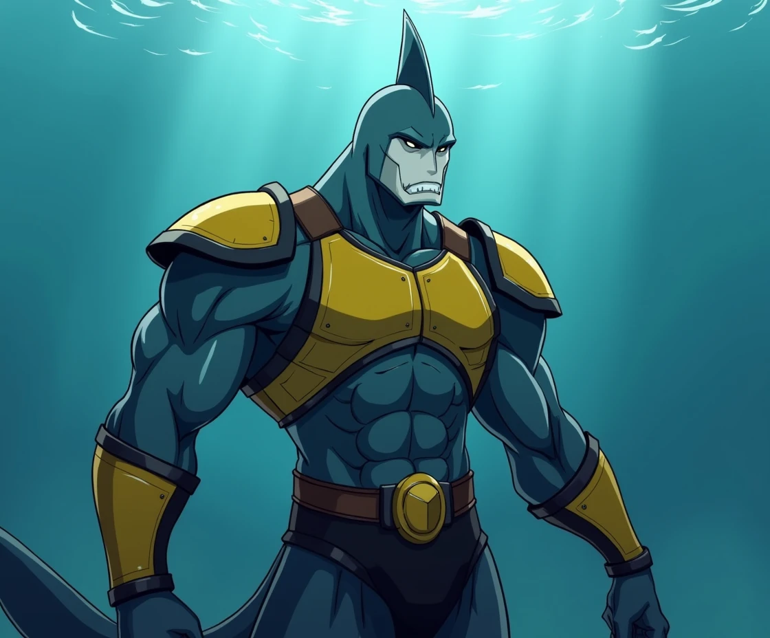General Kain from Paddle Pop Atlantos series, large grey shark warrior, handsome, extremely beautiful face, white low part face, grey high part face, muscular body, hot, yellow body armor til the waist, two muscular arms with four fingers on both, black shoulder pads, yellow protective bracers on both arms from elbow to wrist, only black long shark tail without any legs, underwater