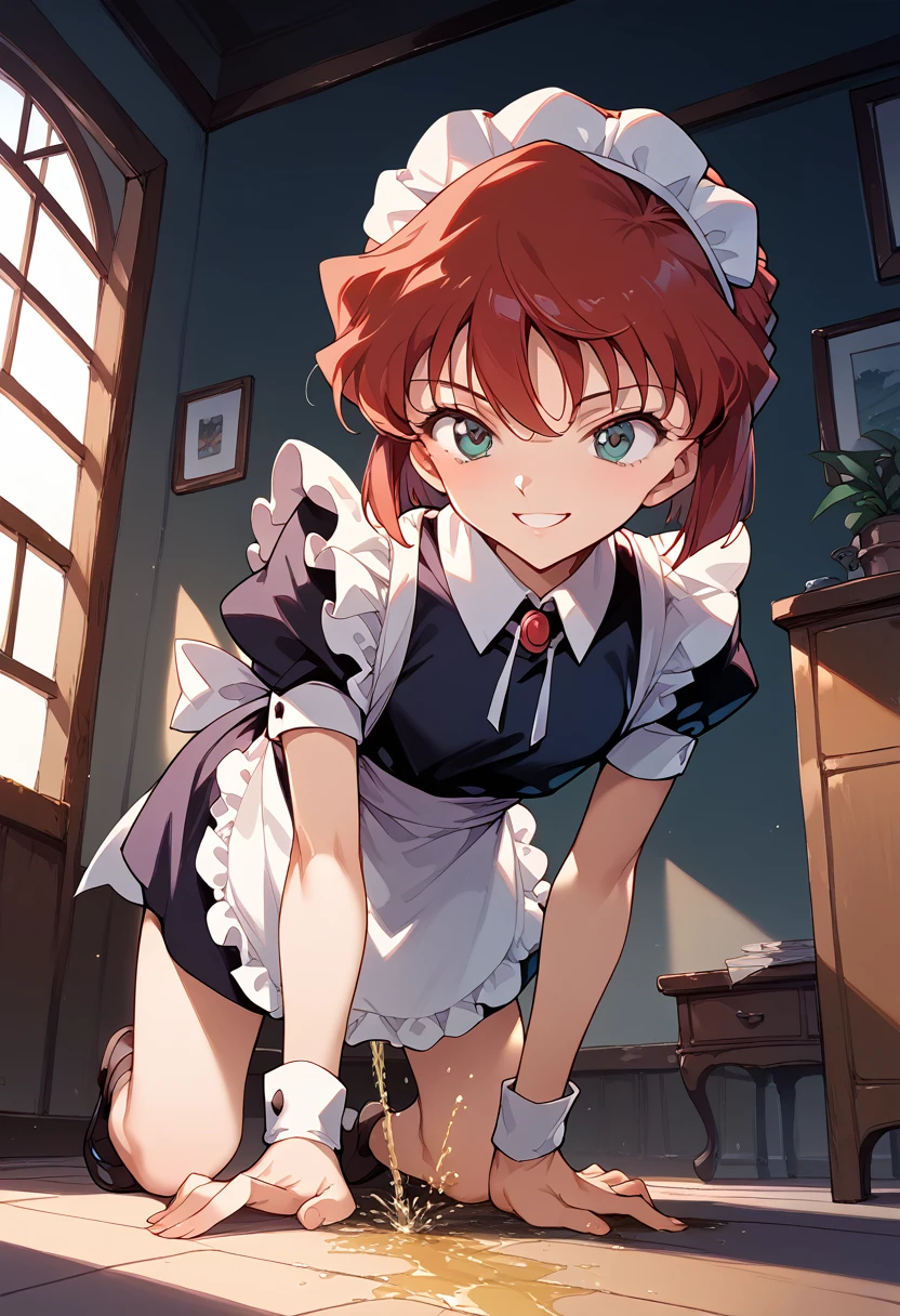 masterpiece,High resolution,Highest quality,8k(Detective Conan,ai haibara) (***************,,Flat Chest,Short,Red Hair,short hair) ((Maid clothes))On all fours,From below,smile,peeing