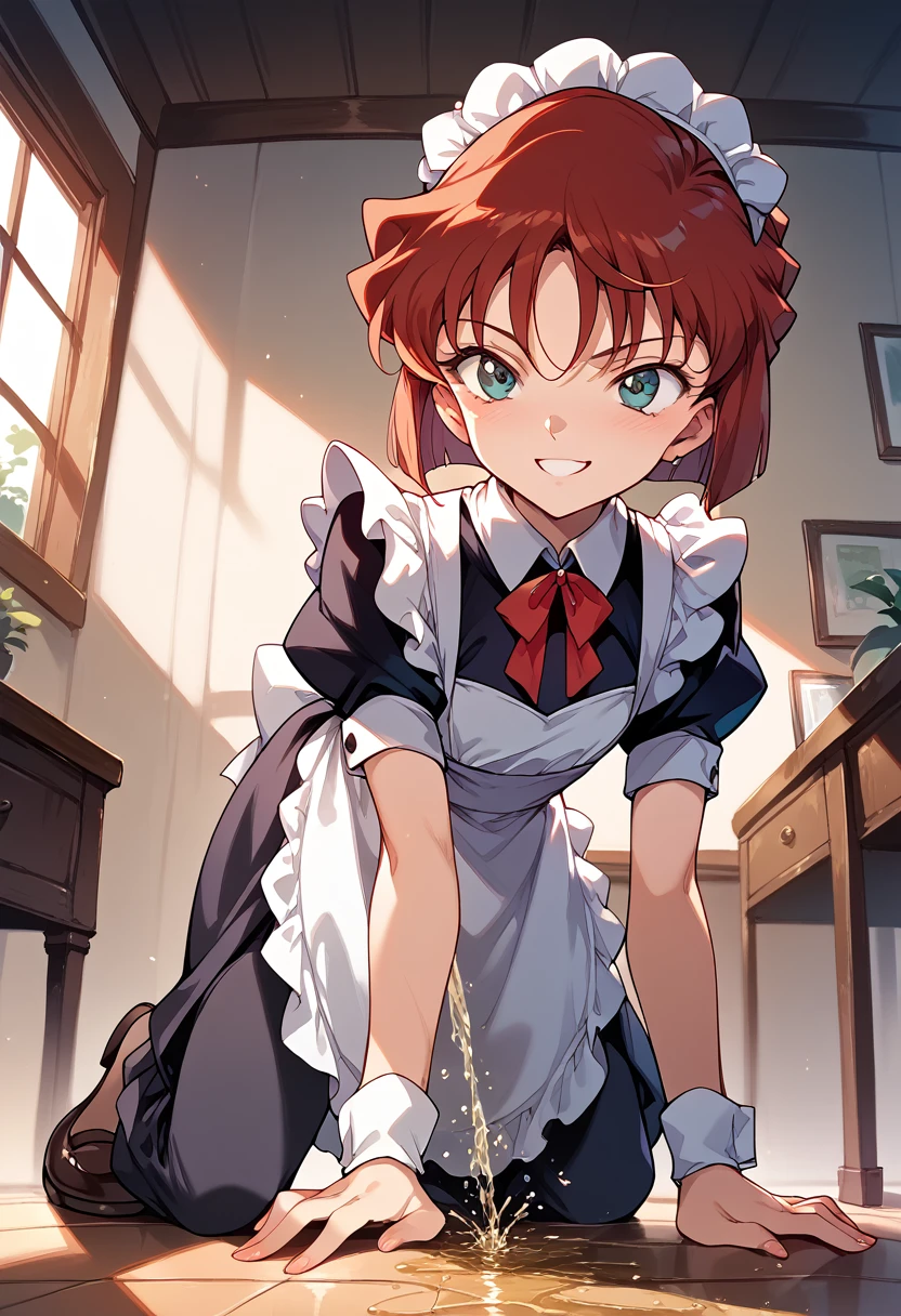 masterpiece,High resolution,Highest quality,8k(Detective Conan,ai haibara) (7-year-old girl,,Flat Chest,Short,Red Hair,short hair) ((Maid clothes))On all fours,From below,smile,peeing