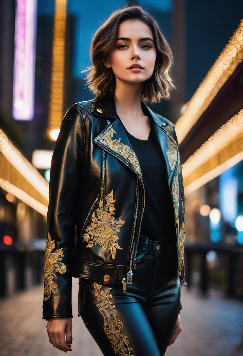 Create a striking image of a young woman standing confidently in a modern urban setting during the evening. She is wearing a sleek black leather jacket adorned with intricate golden embroidery, which catches the light and adds a regal touch to her outfit. The embroidery features elaborate patterns, possibly inspired by baroque or nature motifs, and contrasts beautifully with the shiny, smooth texture of the leather. The girl has a stylish, contemporary look with short, tousled hair and a confident expression, blending edgy fashion with elegance. The background features a cityscape with neon signs and tall buildings, giving the scene a vibrant, cosmopolitan feel