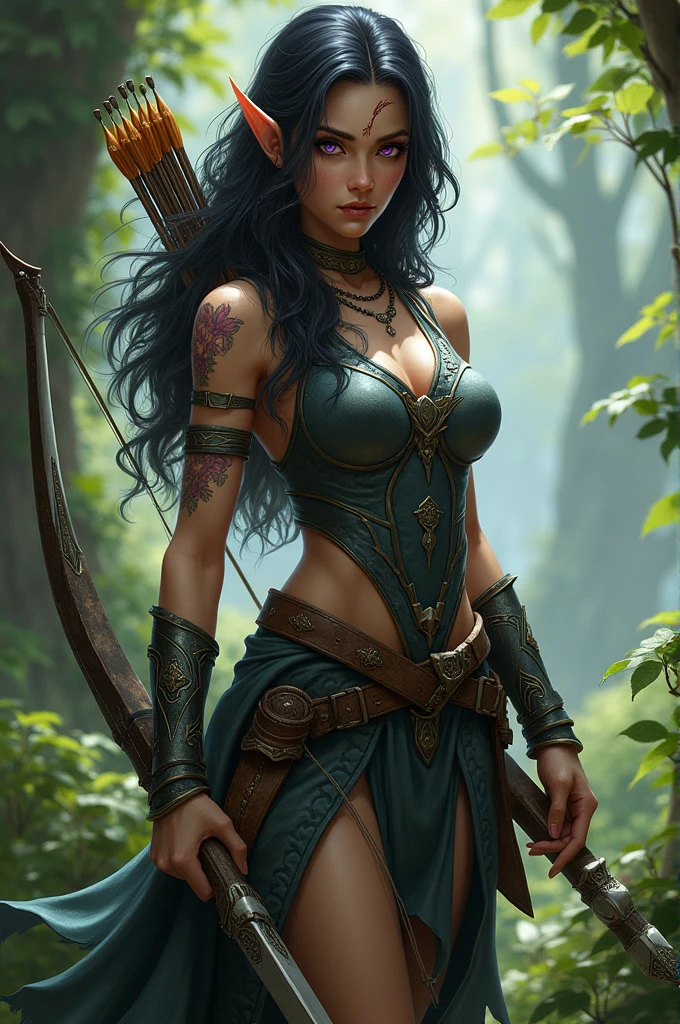 A beautiful elven female ranger from dungeons and dragons, she has dark hair and purple eyes. She carries a longbow and arrows, has three daggers, one in her waist, one in her thigh and one in her boot, has light armor. He has white skin with visible scars on his body.