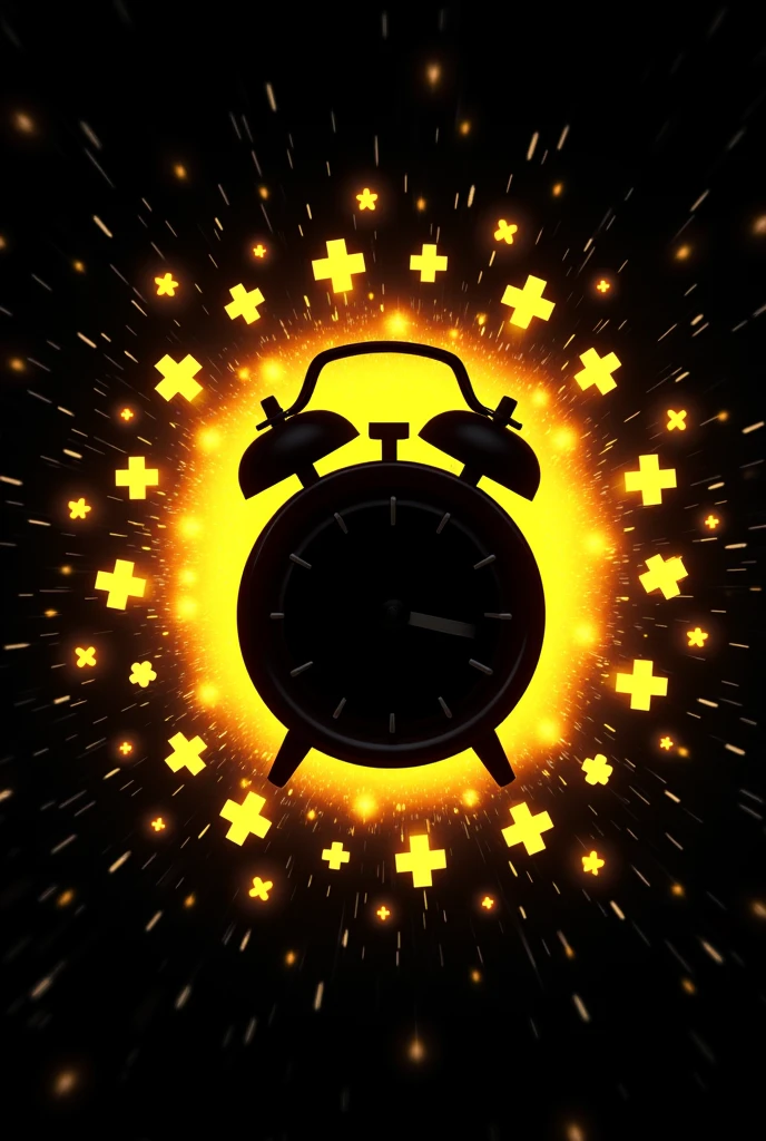 ((Best Quality)), ((masterpiece)), (detailed), an aura of acceleration in anime style, with plus symbols +, all yellow color, with the black silhouette of a clock in the center. With a black background, 