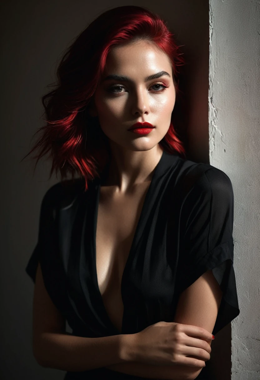 woman bathed in soft light, leaning against a wall, looking into the camera in a moment of raw emotion. Her attire is minimal, accentuating her beauty with the dramatic shadows cast by the lighting. The background is stark, with sharp contrasts highlighting the contours of her form. The red and black palette intensifies the mood, evoking a sense of mystery and allure. Subtle film grain and meticulous shading add depth and texture, emphasizing the emotional gravity of the scene. The lighting creates a chiaroscuro effect, accentuating her expressive pose and the intense atmosphere.
