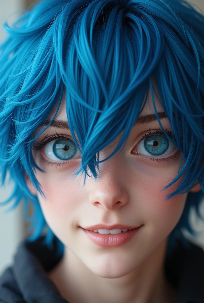 male Blue Hair 20-year-old smile My left eye is hidden by my hair.
