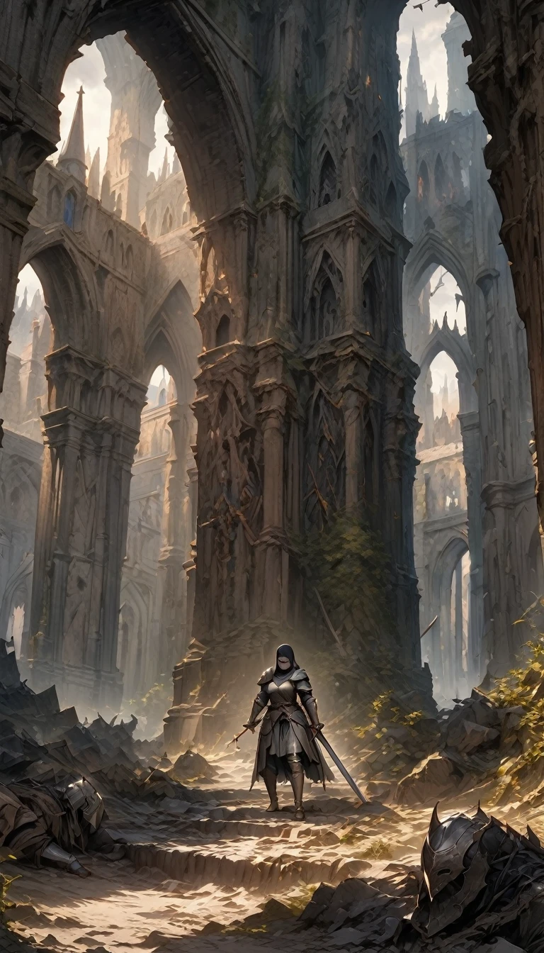 (8k unit wallpaper CG highly detailed, masterpiece, Highest quality, Very detailed), (((alone))), woman,((Wide Shot:1.5)), (Paladin with legendary sword), (Thematic Backgrounds), Medieval, Nice views, Dark and ominous environment, (Dark Souls 3, Illustrator, (Best illustrations),Blindfold