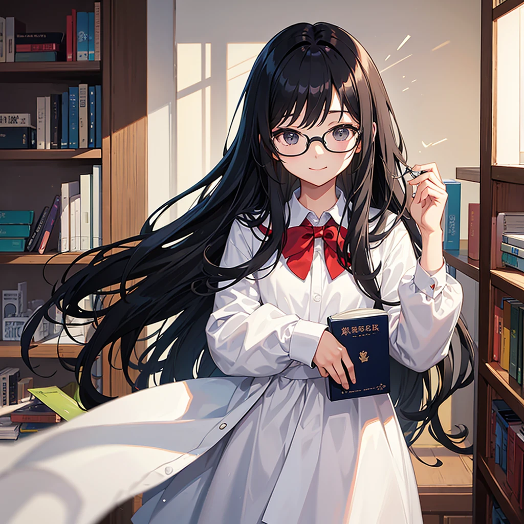 Long black hair、Black-rimmed glasses、Clean atmosphere、high school girl、cute、In uniform、He has a book in his right hand、An open library、Just a little smile