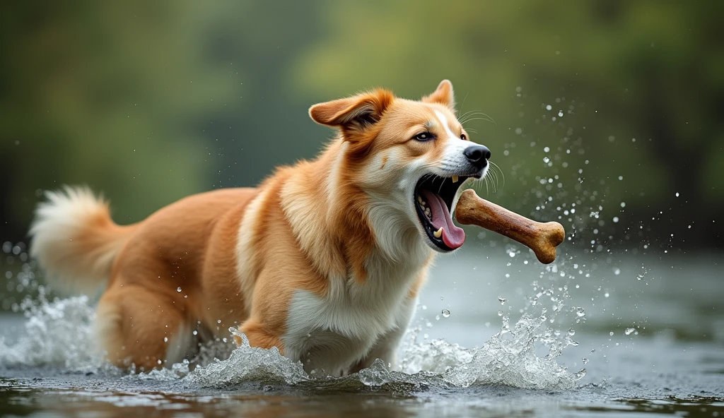Depict the moment yellow-orange and white dog barks in anger loudly during seeing in the river , causing his bone to fall out of his mouth and splash into the river