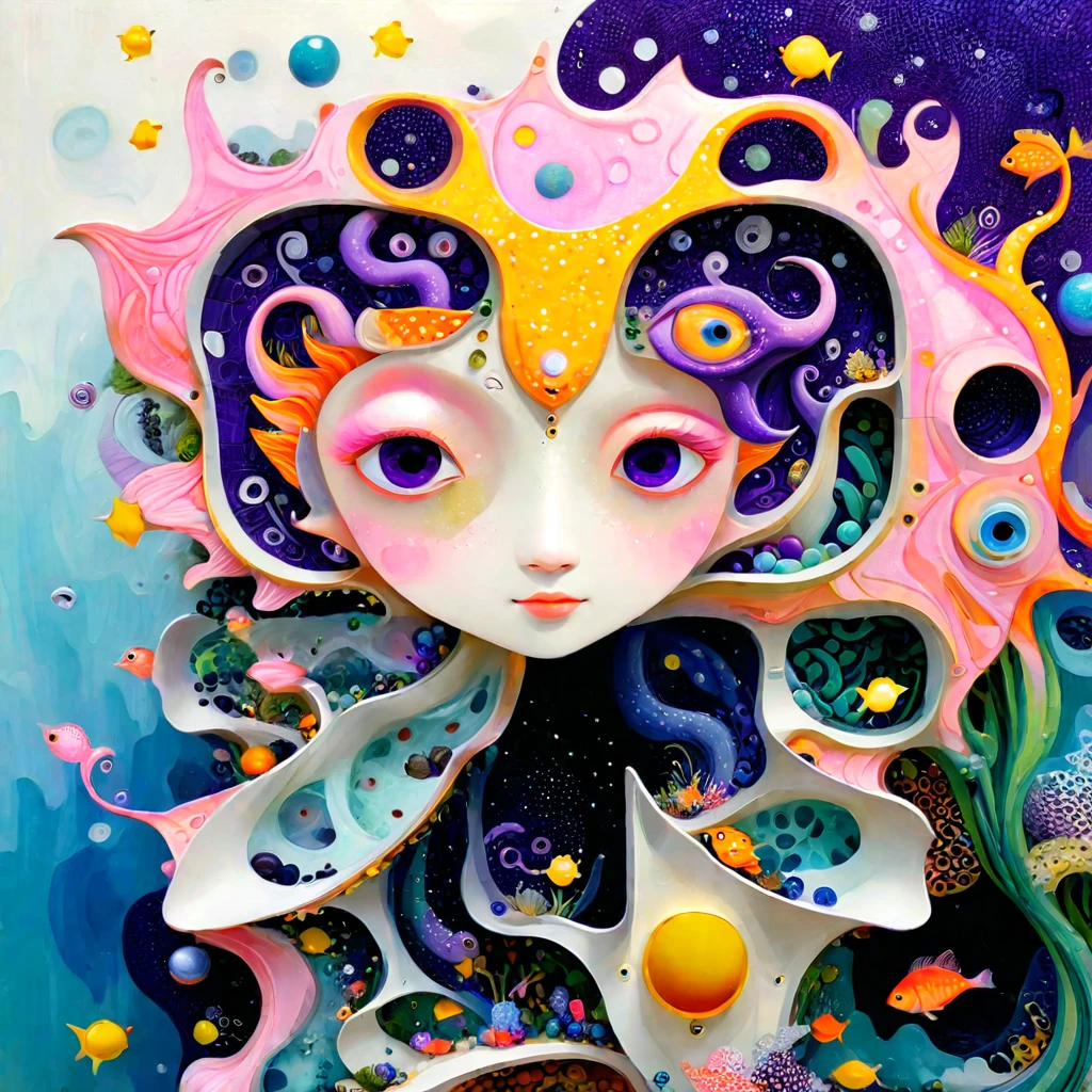 &References;Dick Ellescas Artist Style&References;,章fish热气球,Tentacles瀑布,Starry Sky、粉色美人fish、fish、Tentacles、bird、Eye、Squeeze foam、People with autism、diatom,Spiral Staircase,Abstract mosaic painting,描述People with autism的内心世界,Sense of space,White space,interesting,Innocence,Psychedelic Art,Pink Theme,Bold contrasts,Purple and Orange