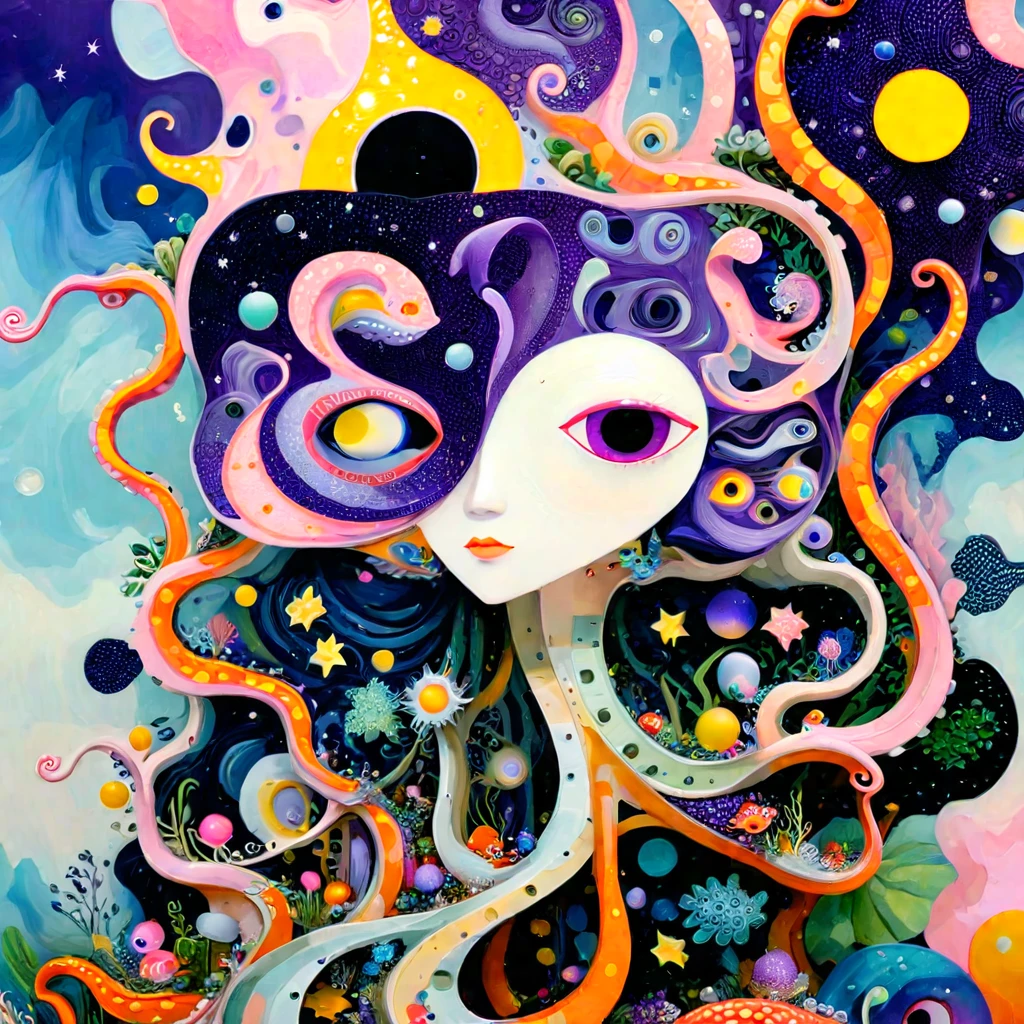 &References;Dick Ellescas Artist Style&References;,章fish热气球,Tentacles瀑布,Starry Sky、粉色美人fish、fish、Tentacles、bird、Eye、Squeeze foam、People with autism、diatom,Spiral Staircase,Abstract mosaic painting,描述People with autism的内心世界,Sense of space,White space,interesting,Innocence,Psychedelic Art,Pink Theme,Bold contrasts,Purple and Orange