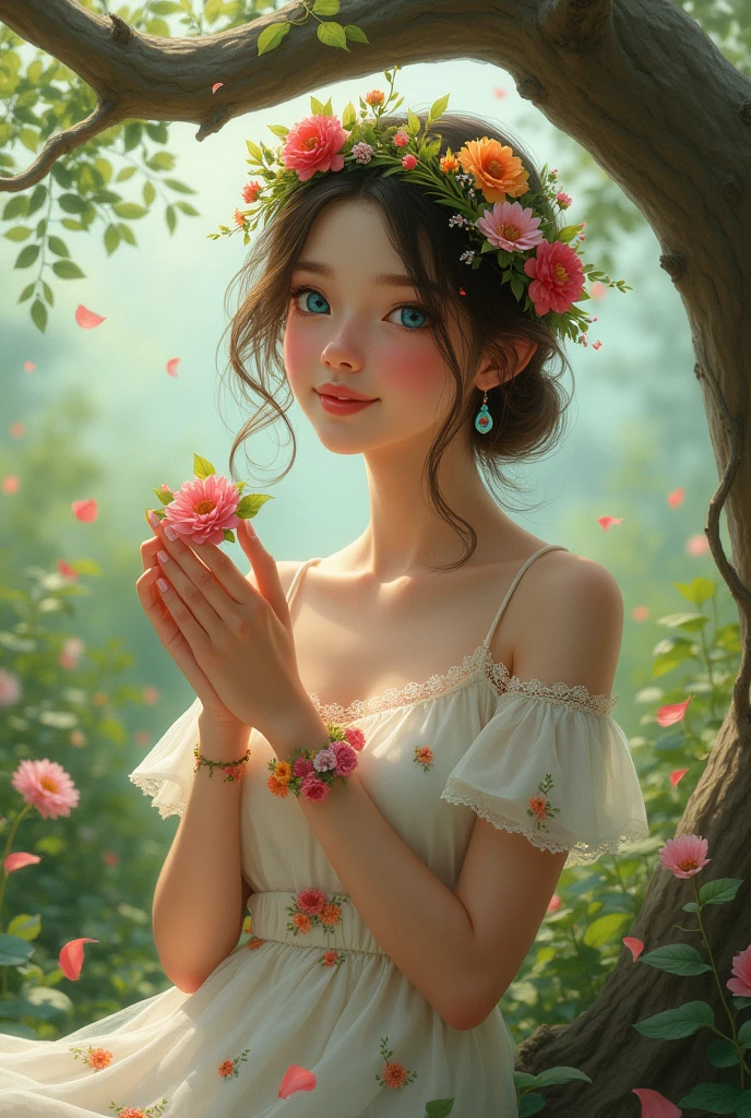 A beautiful girl in garden below tree , wearing flower crown, flower breslate, flower dress, smiley face, flowers in hands, Blue eyes.