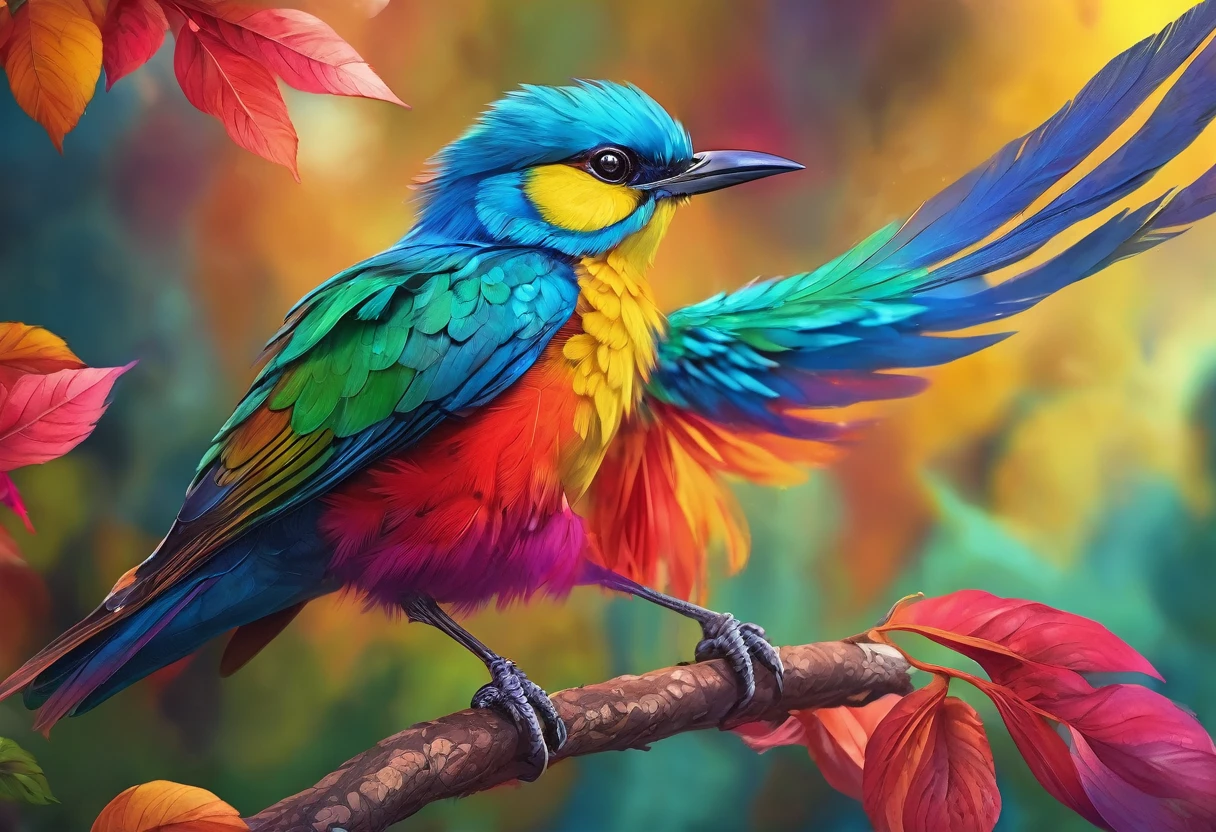 A brightly colored bird perched on a branch with leaves in the background, Digital painting inspired by Charles Bird King, Shutterstock, Fantasy art, Colorful 8 k, Colorful HD images, Beautiful and colorful, Long colorful bird, Beautiful colorful, Multicolored birds, Vibrant and realistic colors, Colorful 4K, Beautiful and vibrant colors, Colorful feathers, Highly detailed digital art in 4K