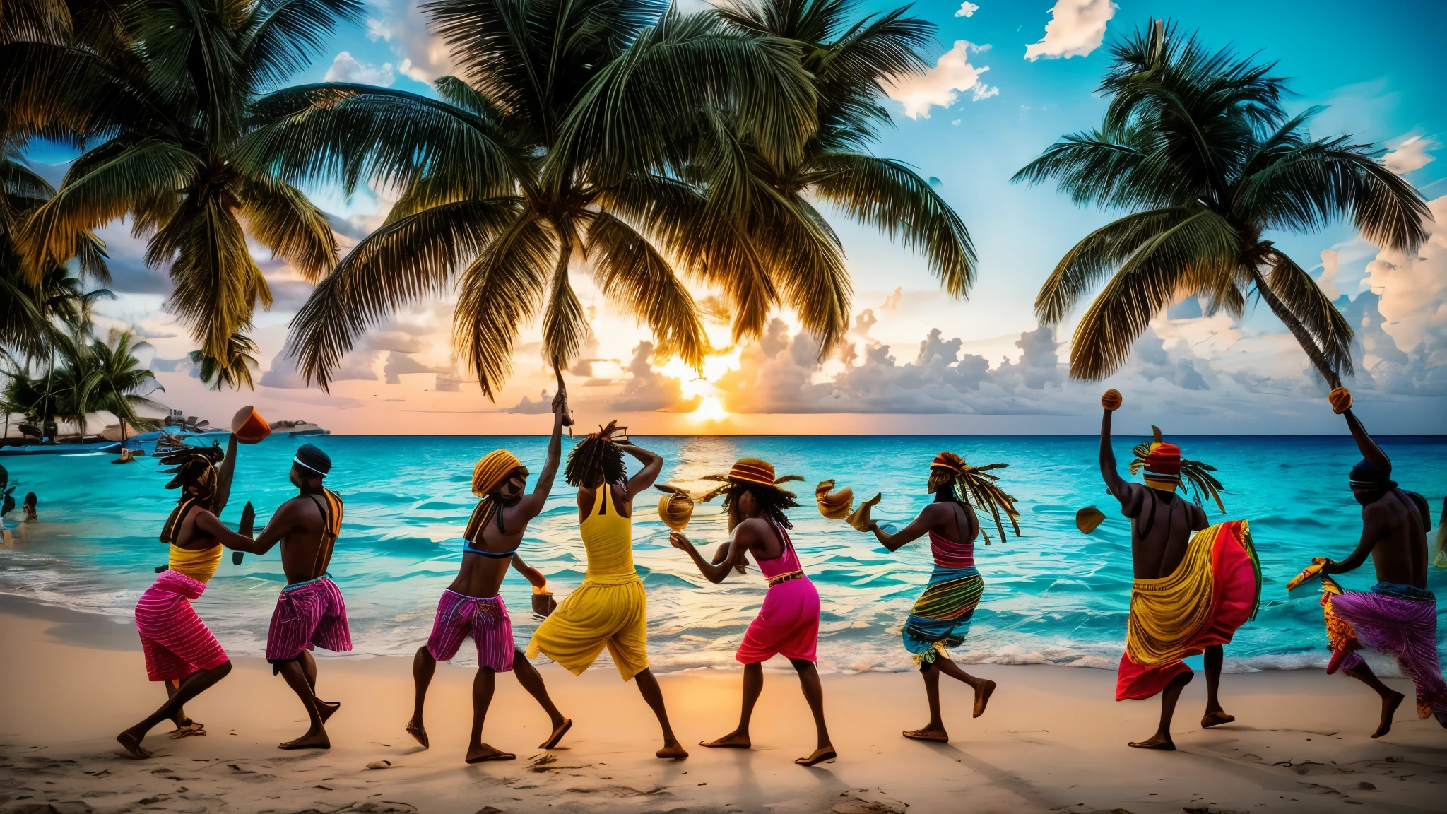 「Imagine a Caribbean sunset under palm trees., With a reggae band playing. People dancing to music々Shooting, Brightly dressed Rastafarian style. Depict the ocean breeze blowing through, Create a fun atmosphere.