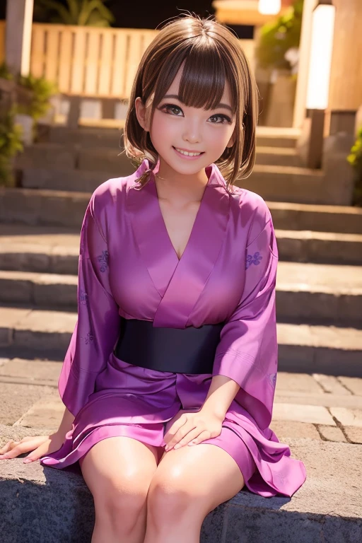 (Fireworks display)、(Cute yukata、Beautiful yukata、Sexy Yukata、Yukata Cosplay)、A girl sitting on stone steps、21 years old、smile、Long raw legs、(Emphasizes the looseness of the chest)、Short Bob Hair、Medium breast、masterpiece:1.3、Raw photo quality、Highest quality、Detailed Images、Detailed Background、