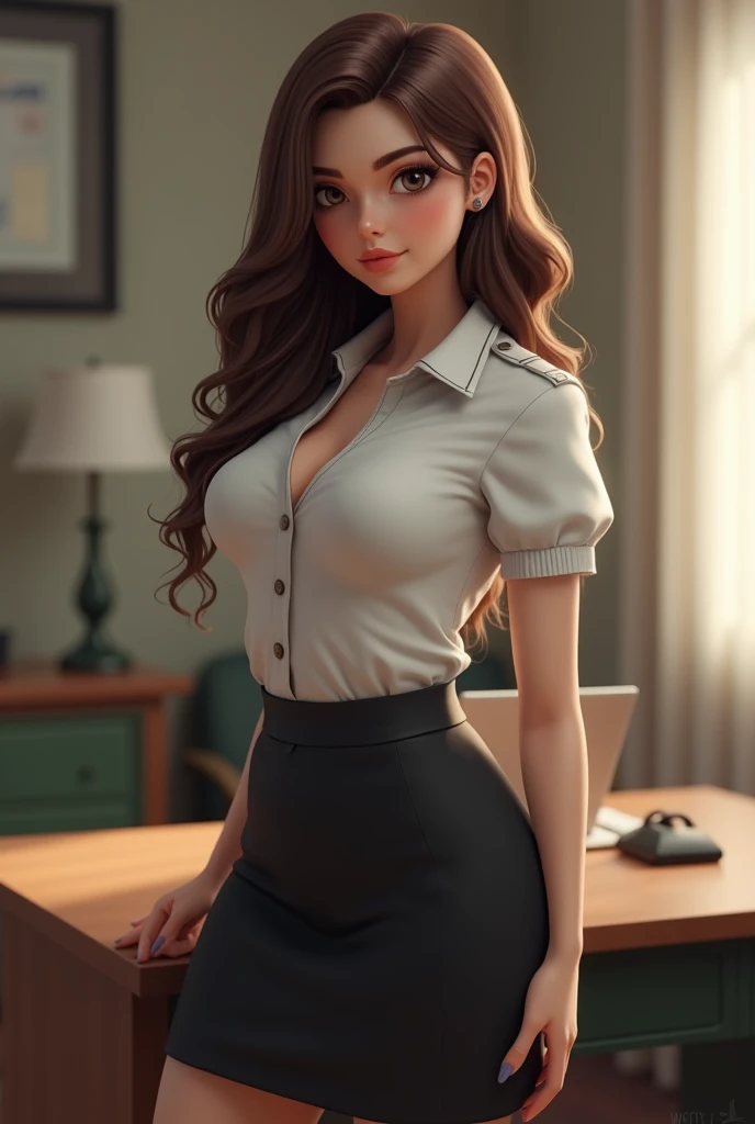 Young woman,​Twenty-five years old, Beautiful face, long brown hair, Wearing a secretary uniform, Big chest, Thin waist, Big butt, 3D realistic style
