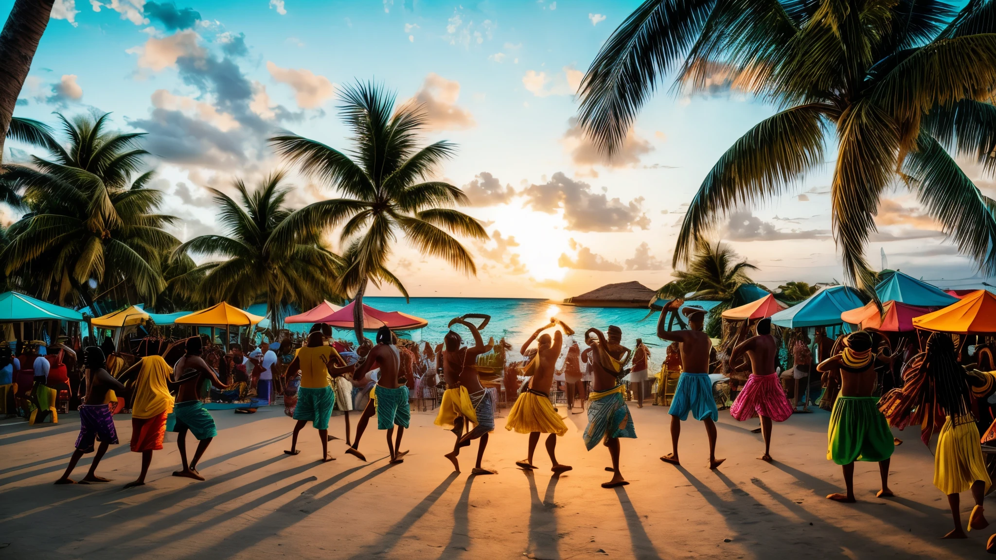 「Imagine a Caribbean sunset under palm trees., With a reggae band playing. People dancing to music々Shooting, Brightly dressed Rastafarian style. Depict the ocean breeze blowing through, Create a fun atmosphere.