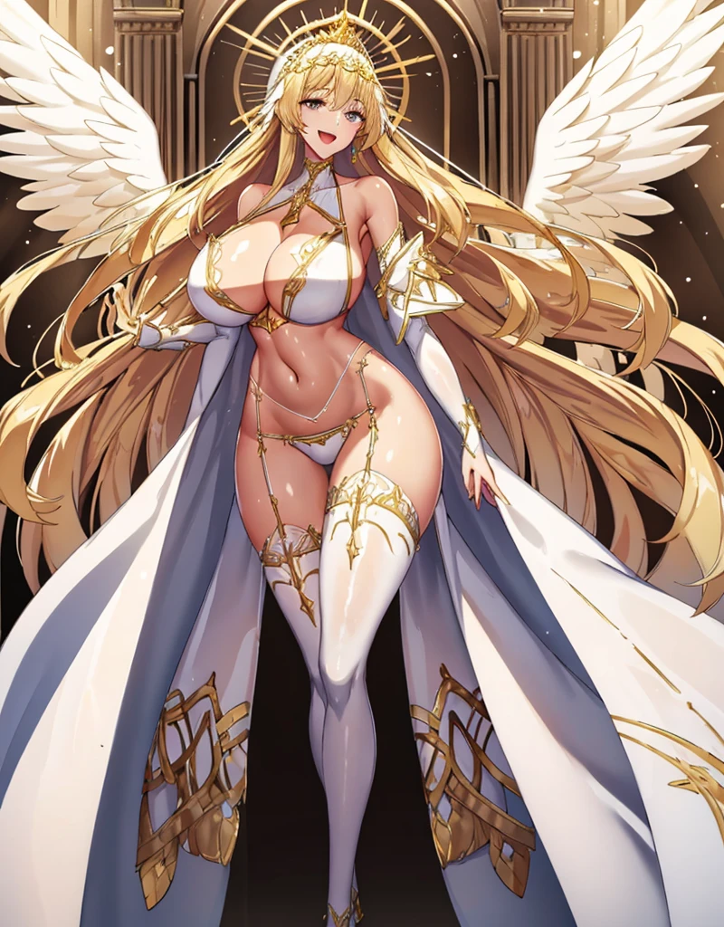 Angelic adult lady wearing a white bikini,Very large white angel wings on his chest,Very large white angel wings on his chest,belly button,tall、Great Hall Background、Body Length、Long legs、Long neck、from the front、From the knee up、tall、Long neck、Standing with good posture and good posture、solo、Complex,Particles of light,Thighs,Glowing Skin、Long legs、golden tiara on head、Perfect lighting, Angelic adult lady wearing a white bikini、Pelvic Curtain, A big-bodied angelic adult lady wearing a white bikini、Dynamite Body、Very large white angel wings on his chest,Very large white angel wings on his chest、solo、belly button、Complex,Particles of light,Thighs,Glowing Skin、Open Mouth Smile、Perfect lighting, Pelvic Curtain,from the front、Open Mouth Smile,(masterpiece), (Highest quality)、Long legs、Long neck、tall、Long neck、Standing in a clean posture、maternal, Porcelain-like skin, Honey blonde straight hair, Very long hair、Open Mouth Smile,(masterpiece), (Highest quality)、maternal, Porcelain-like skin