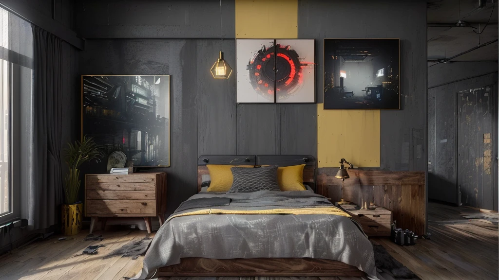 there is a bed with a gray and yellow comforter in a room, dark bedroom, (wooden walls brass panels), wooden walls with framed art, industrial art style, in a cyberpunk themed room, dark interior, corona render, photorealistic room, apartment with black walls, striking artistic concept, darkslategray wall, moody vibe, dramatic artwork, cyberpunk bedroom at night