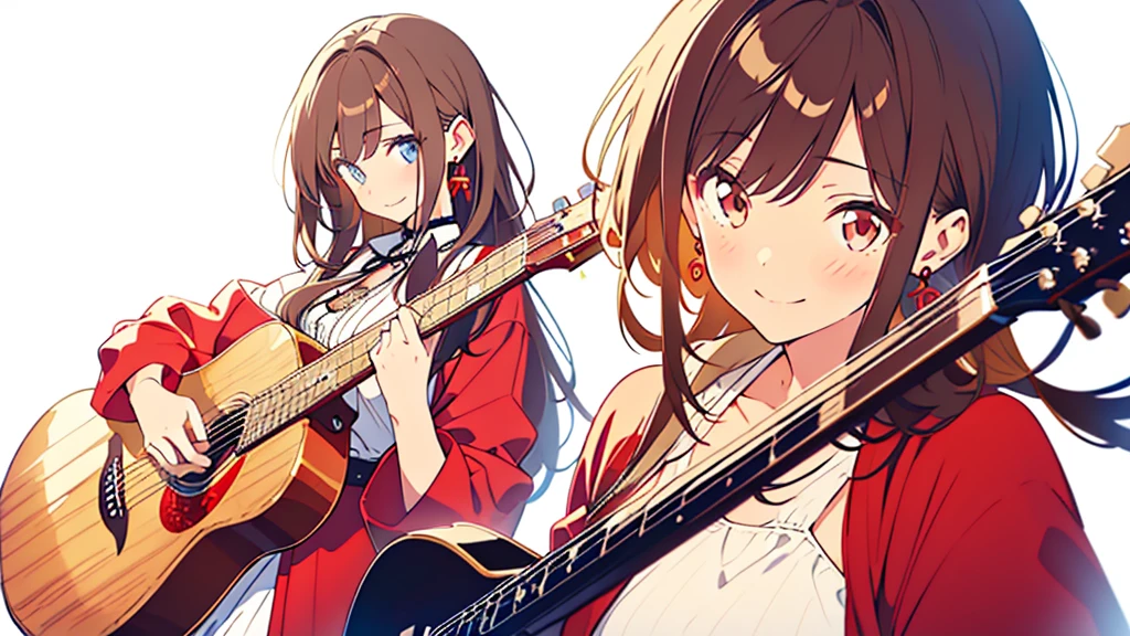 masterpiece,full body, 1girl ,brown hair, long hair,straight hair,hair pulled back,hand in own hair,red coat, white dress, finely detailed eyes and detailed face,smile,simple background,earrings,Time is night。At a fairly far distance、17 years old, holding an acoustic guitar