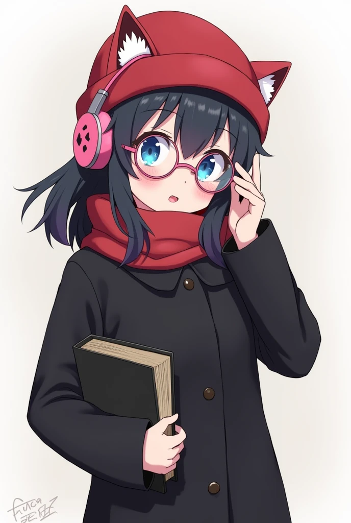 anime girl with glasses,blue eyes black hair,red winter hat,black book and pink headphones with cat ears and no skirt black clothes