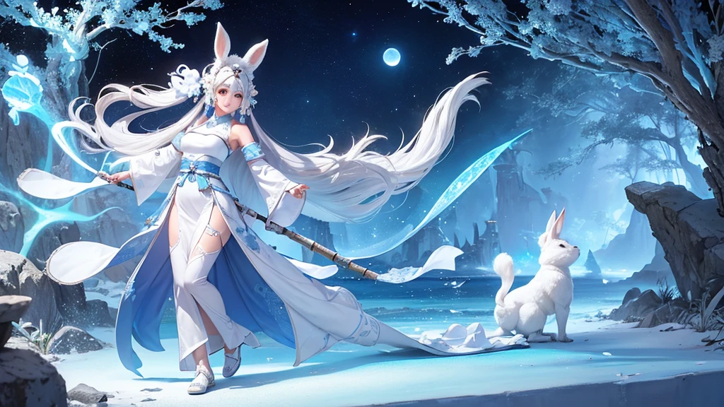 Silvery white sand，An attractive girl in white ancient Chinese costume，Standing，and a white furry rabbit in a blue ancient costume，Rabbit carrying a bamboo basket，Standing，Surrounded by laurel trees like crystal，The sky is deep blue，Night Sky，