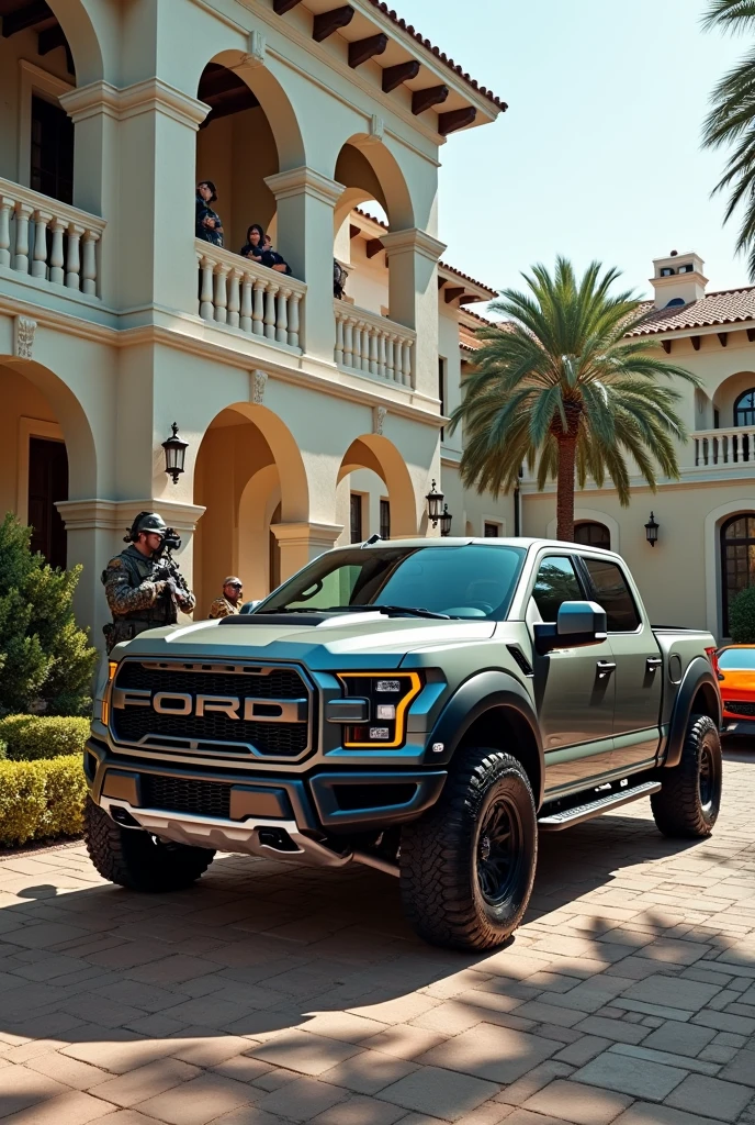 Photo of a gray Ford Raptor and an orange Corvette in a mansion with armed people 