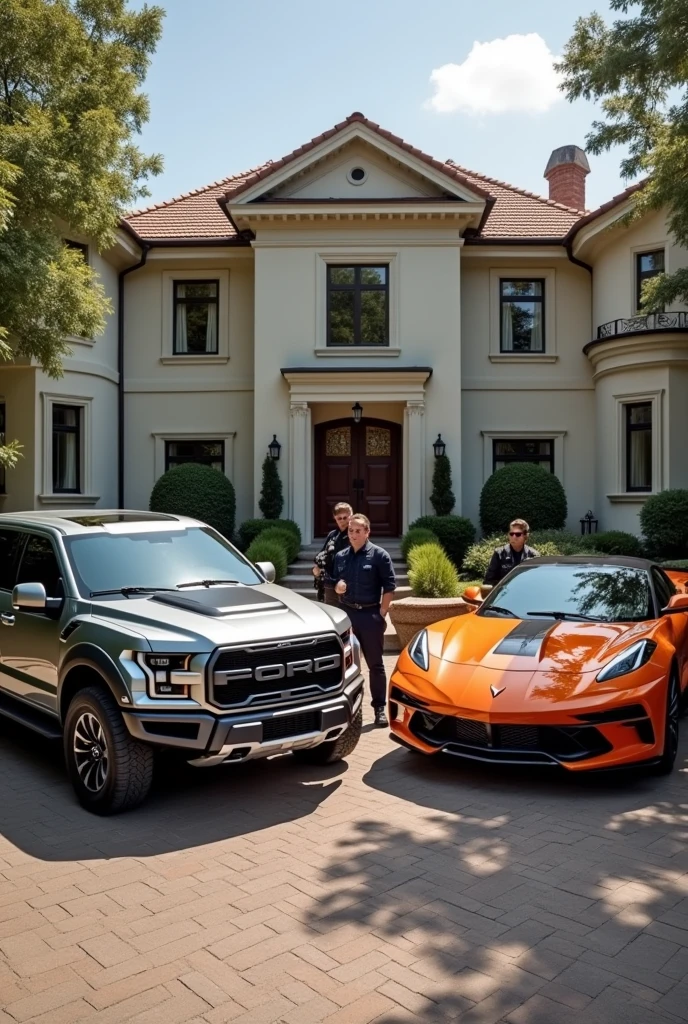 Photo of a gray Ford Raptor and an orange Corvette in a mansion with armed people