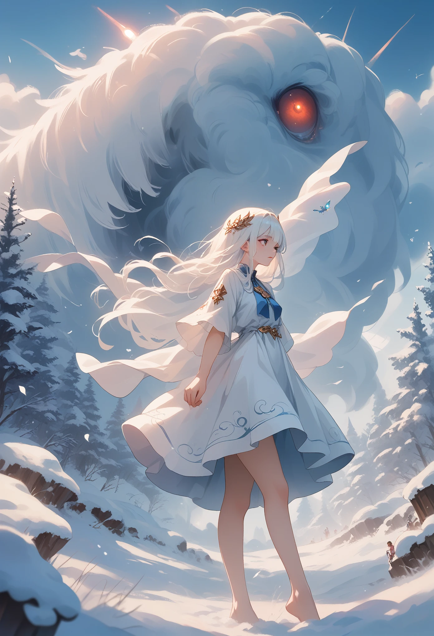 Anime girl with long white hair and blue dress in the snow, white-haired deity, white hair floating in the air, Anime fantasy illustration, Loose white hair, beautiful young spirit of the wind, beautiful fantasy anime, glowing flowing hair, Ethereal anime, beautiful anime works, beautiful digital images, anime fantasy artwork, ((fair empress fantasy)), 2. 5 d cgi anime fantasy artwork