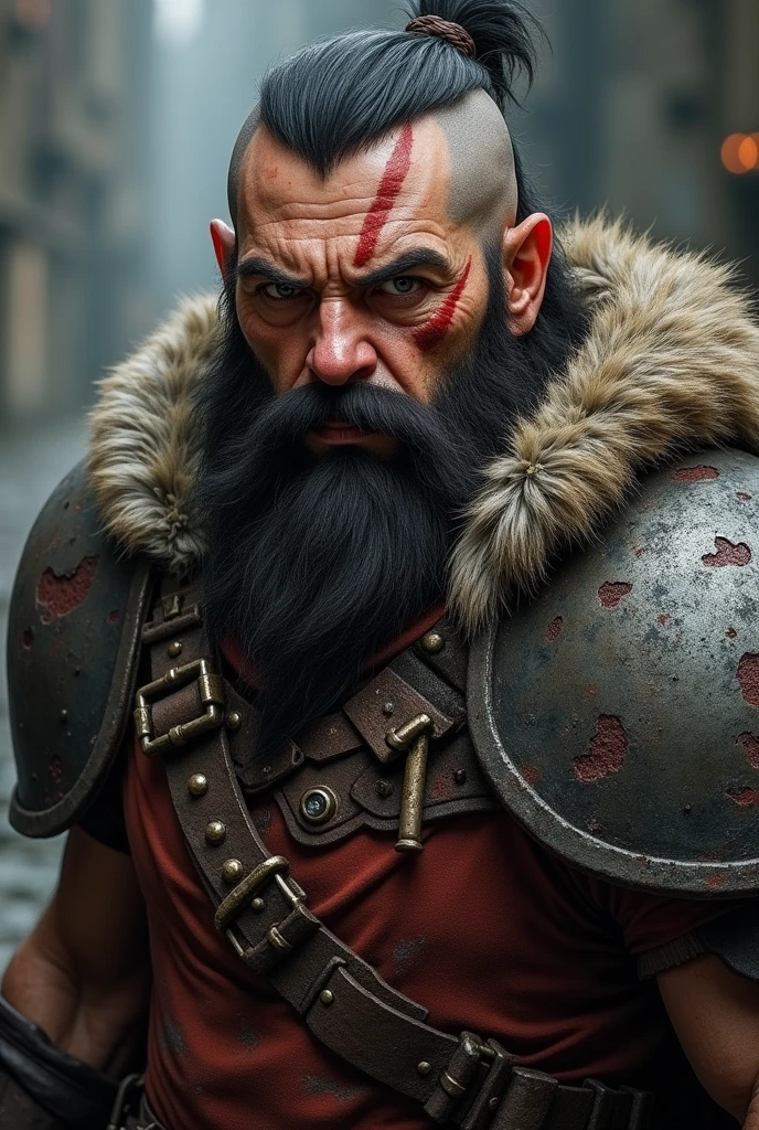 Generate a highly detailed, close-up of a fierce portrait, battle-hardened warrior god of war with a shaved head and a thick, unkempt beard. The warrior has red war paint scribbles across his face and intense, glowing yellow eyes that exude power. Your skin is rough, with scars and dirt from countless battles. He wears dark, worn armor., with fur details. the atmosphere is dark and sandy, with embers and sparks flying around, creating a sense of danger and intensity."
