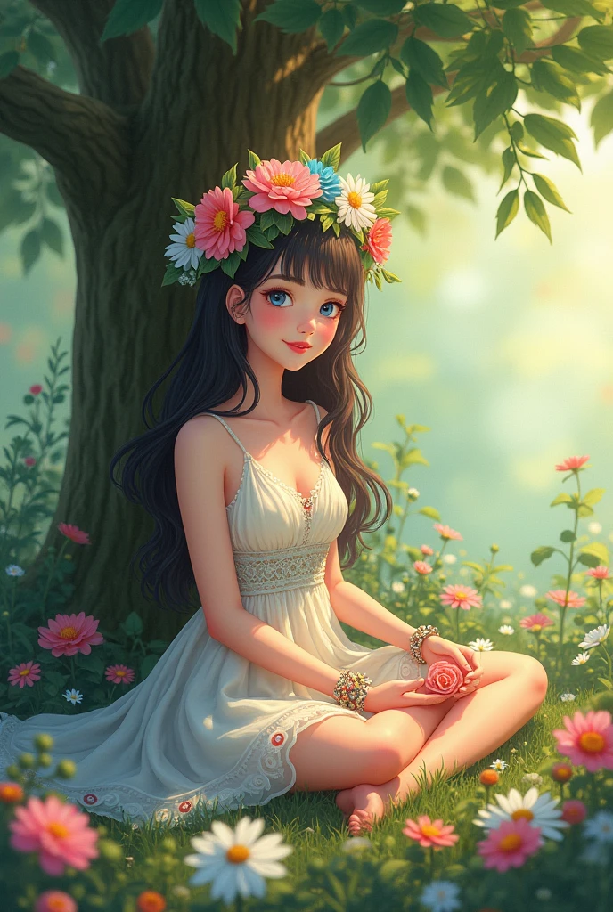 A beautiful girl sitting by folding legs in garden below tree , wearing flower crown, flower breslate, flower dress, smiley face, flowers in hands, Blue eyes.