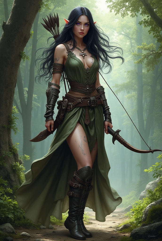 A beautiful elven female ranger from dungeons and dragons, she has dark hair and purple eyes. She carries a longbow and arrows, has three daggers, one in her waist, one in her thigh and one in her boot, has light armor. He has white skin with visible scars on his body.
